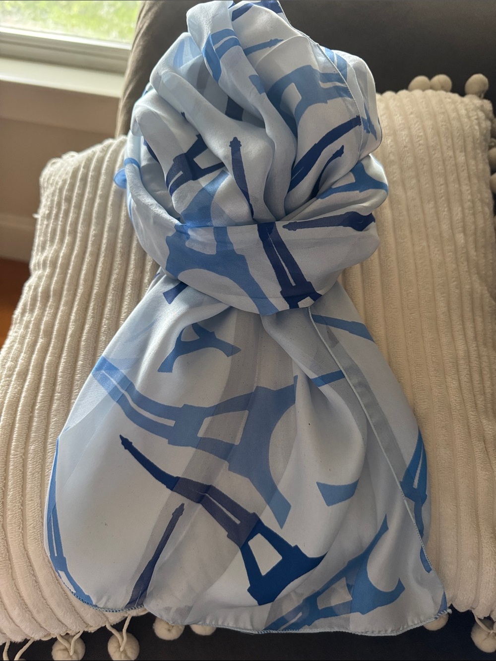 Light Blue & Navy Abstract Printed Scarf. Made in France